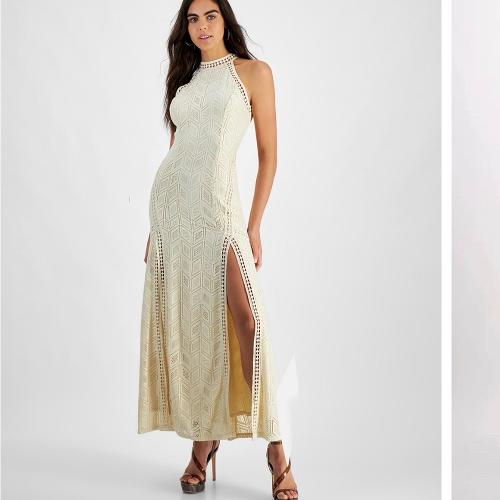 Guess Cream Lace Maxi Dress High Neck Side Slit Size 4 NWT